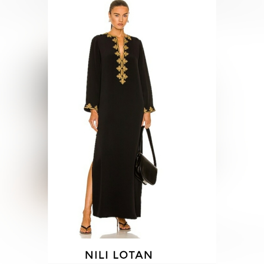 NWT Nili Lotan Black Rochelle dress/caftan with gold embroidery